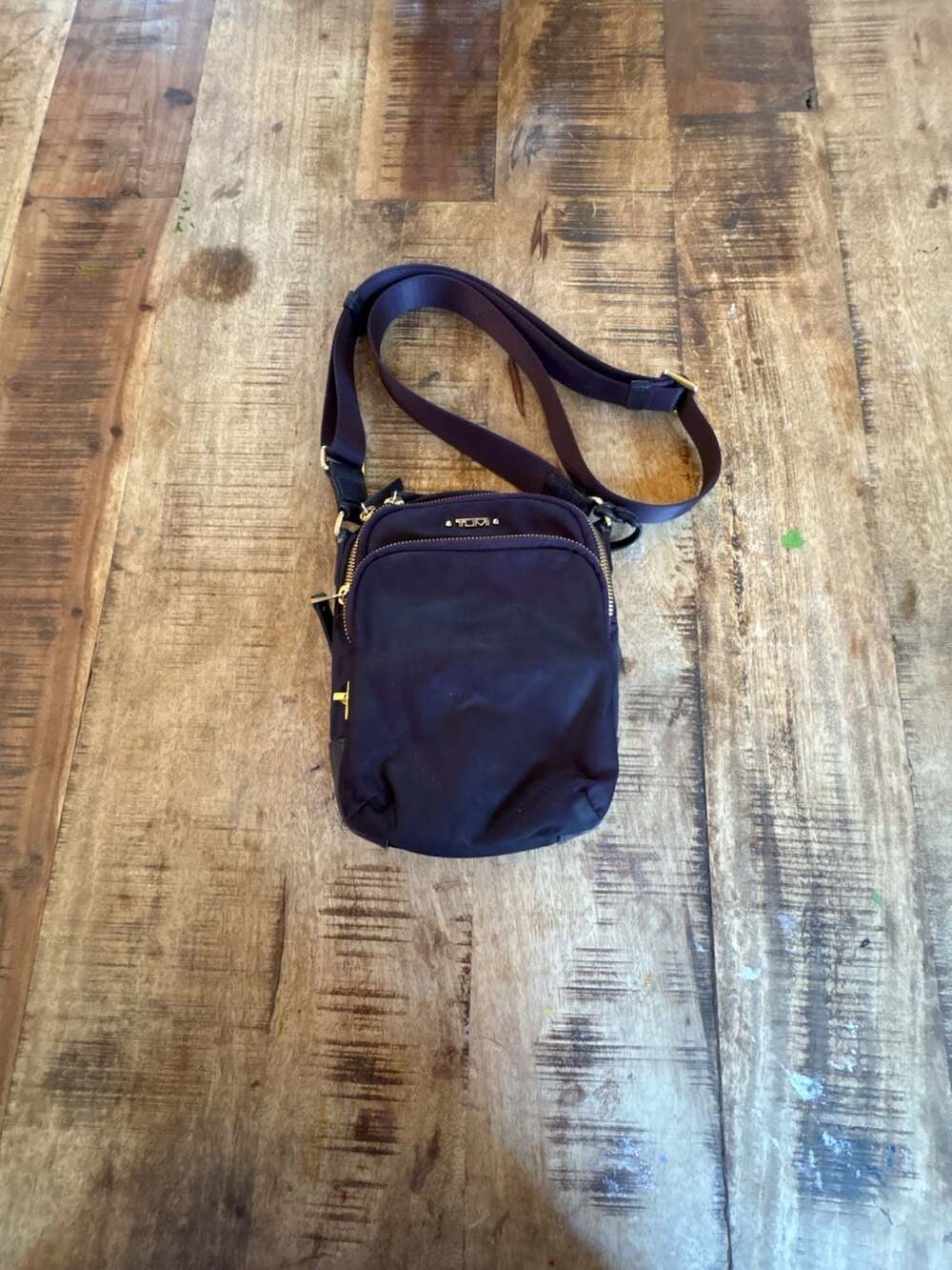 TUMI Voyageur Ruma Nylon Crossbody Bag Purple Gold Hardware